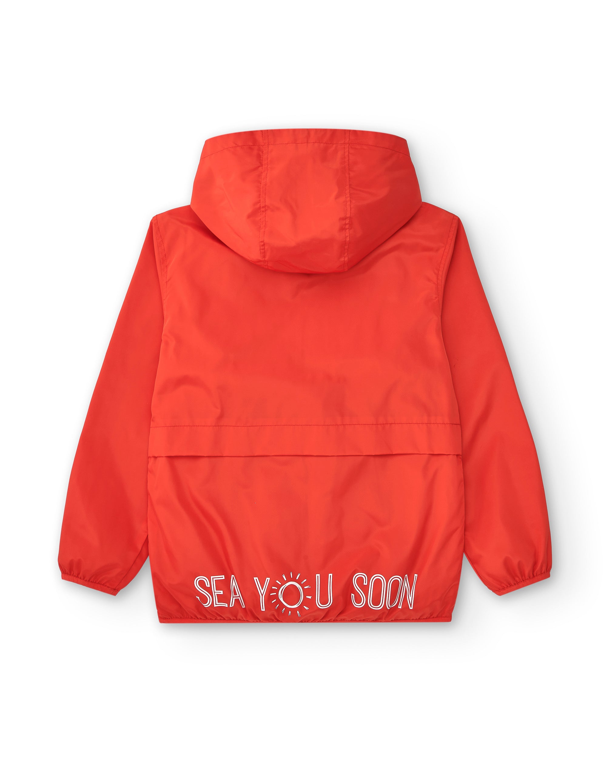 espalda parka roja con detalle Sea You Soon