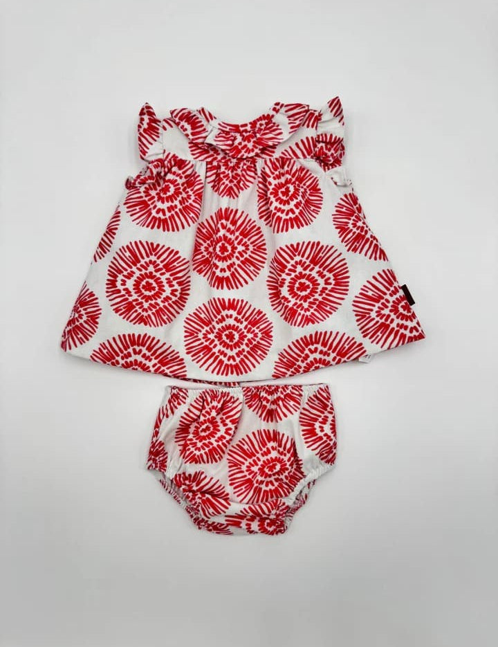 Conjunto vestido y braguita boho fresa bebé niña