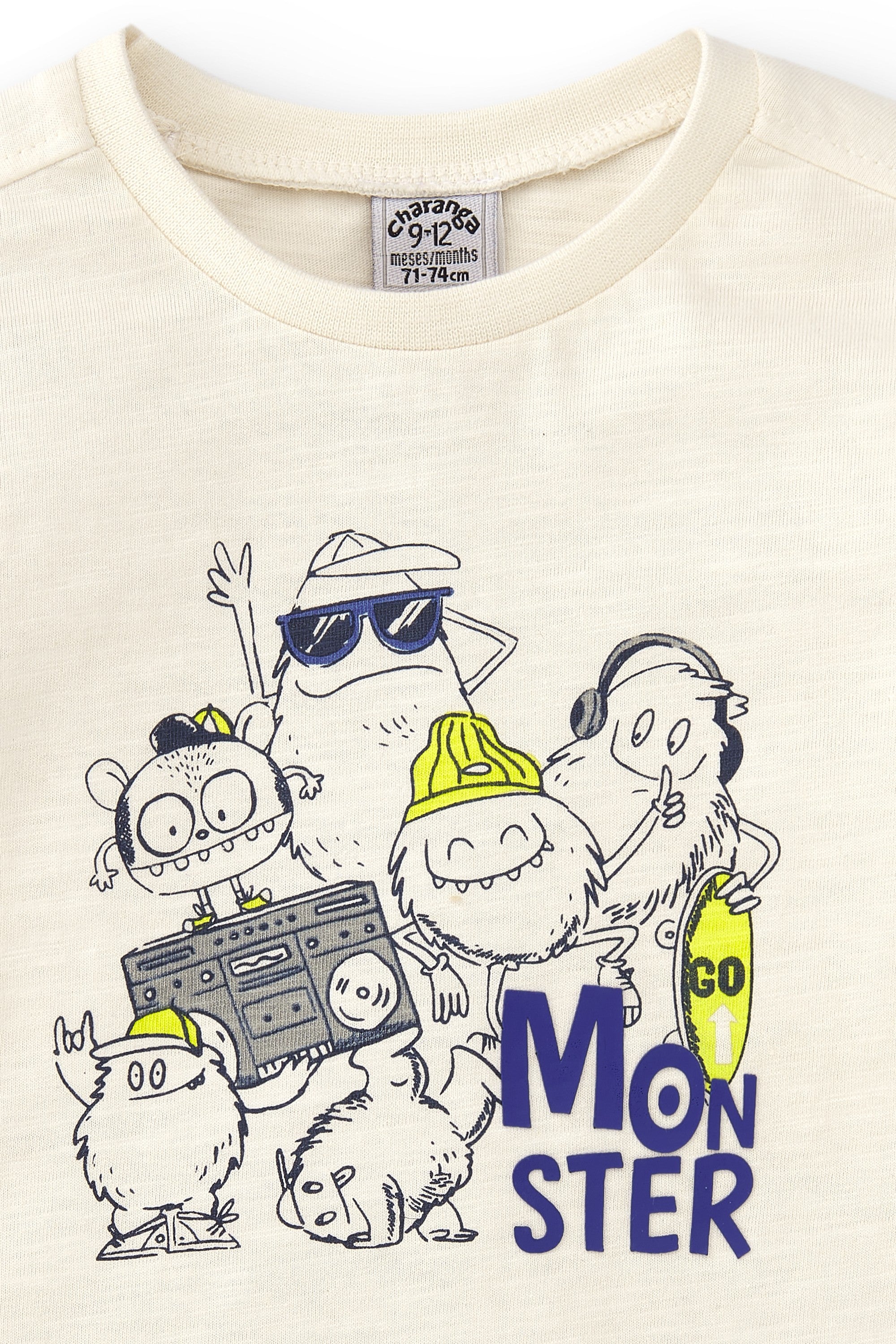 Camiseta de bebé de manga larga color crudo con dibujo monstruo Outlet