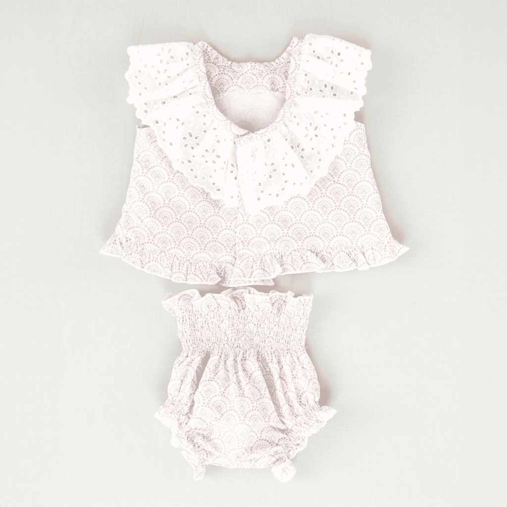 Conjunto vestido y braguita malva bebé niña