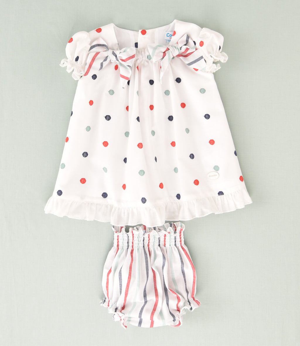 Conjunto vestido y braguita de topos de colores bebé niña