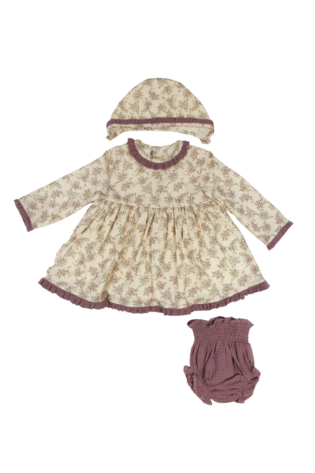 Conjunto vestido, braguita y capota de bebé flores malva Cocote & Charanga