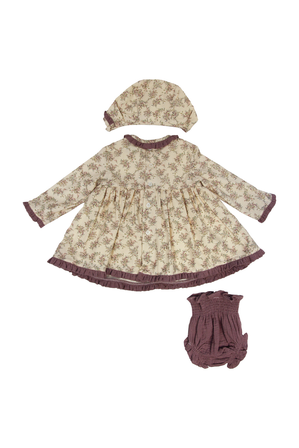 Conjunto vestido, braguita y capota de bebé flores malva Cocote & Charanga