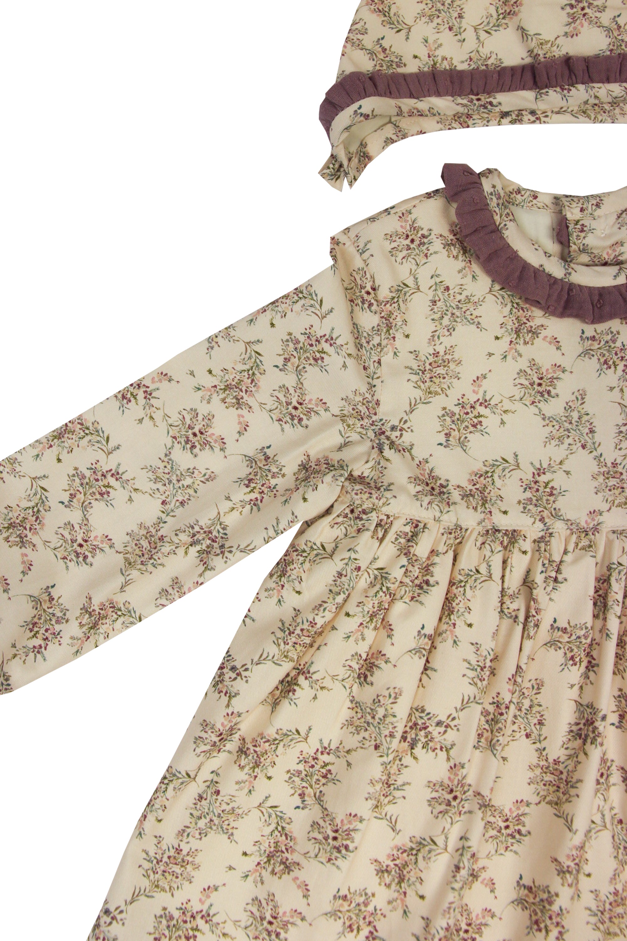 Conjunto vestido, braguita y capota de bebé flores malva Cocote & Charanga