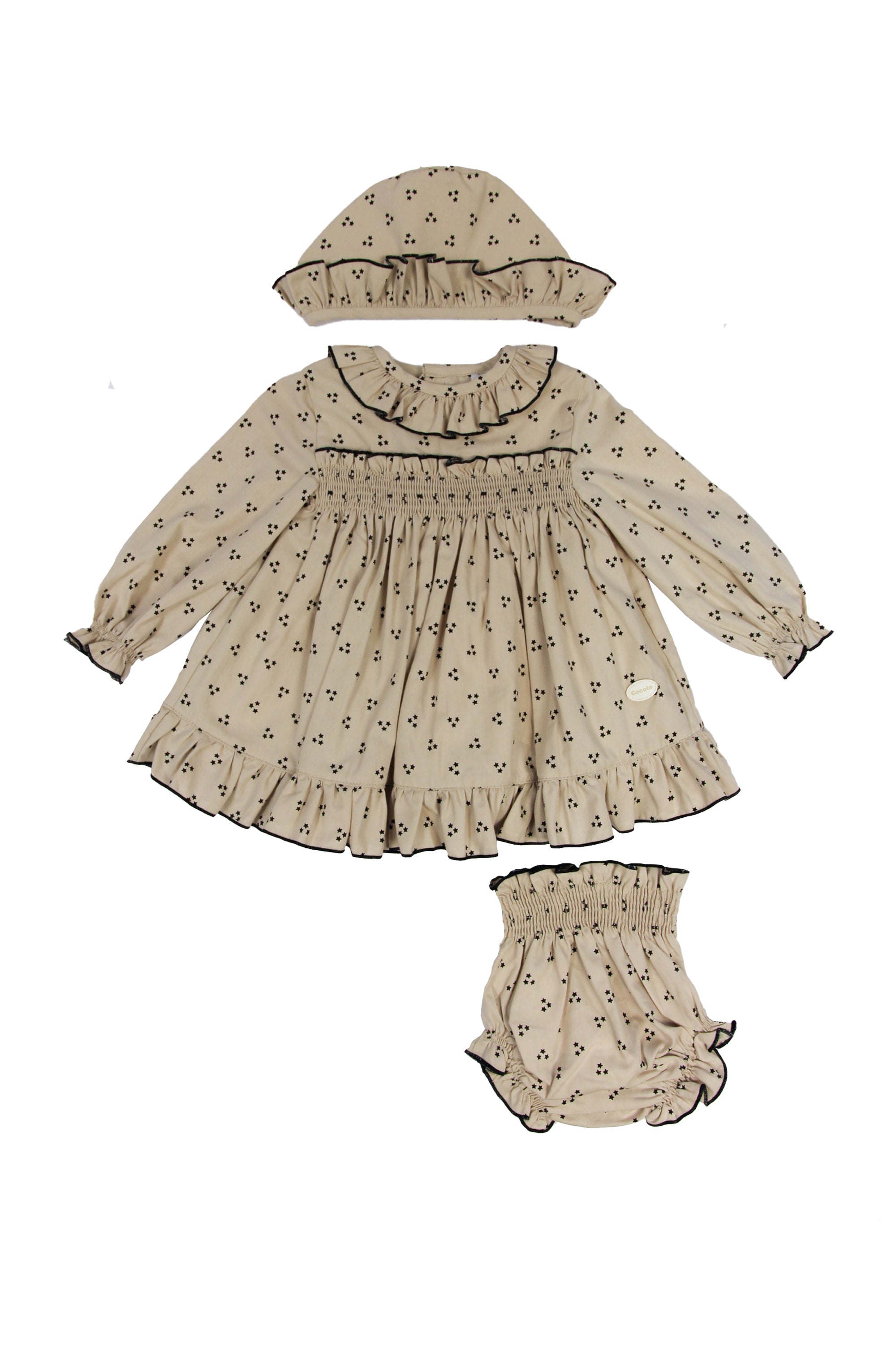 Conjunto vestido, braguita y capota de bebé Beige Estrellitas Cocote & Charanga