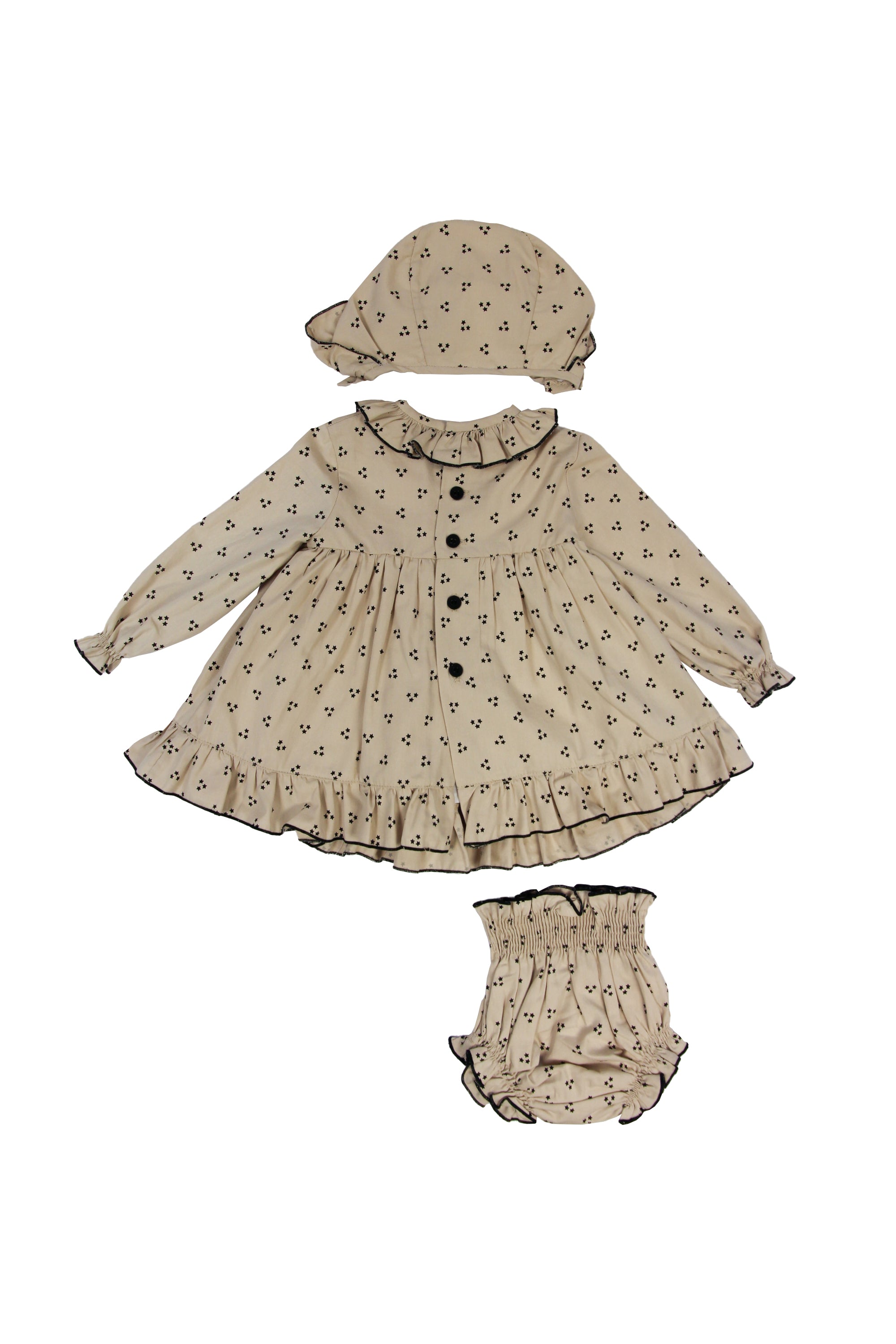 Conjunto vestido, braguita y capota de bebé Beige Estrellitas Cocote & Charanga