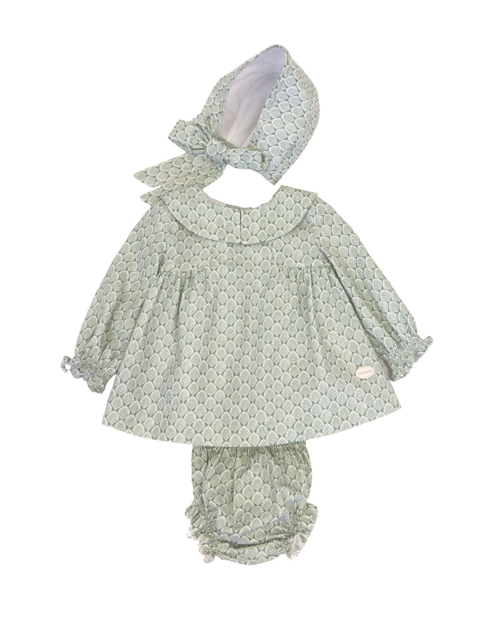 Conjunto vestido, braguita y capota de bebé verde Cocote & Charanga