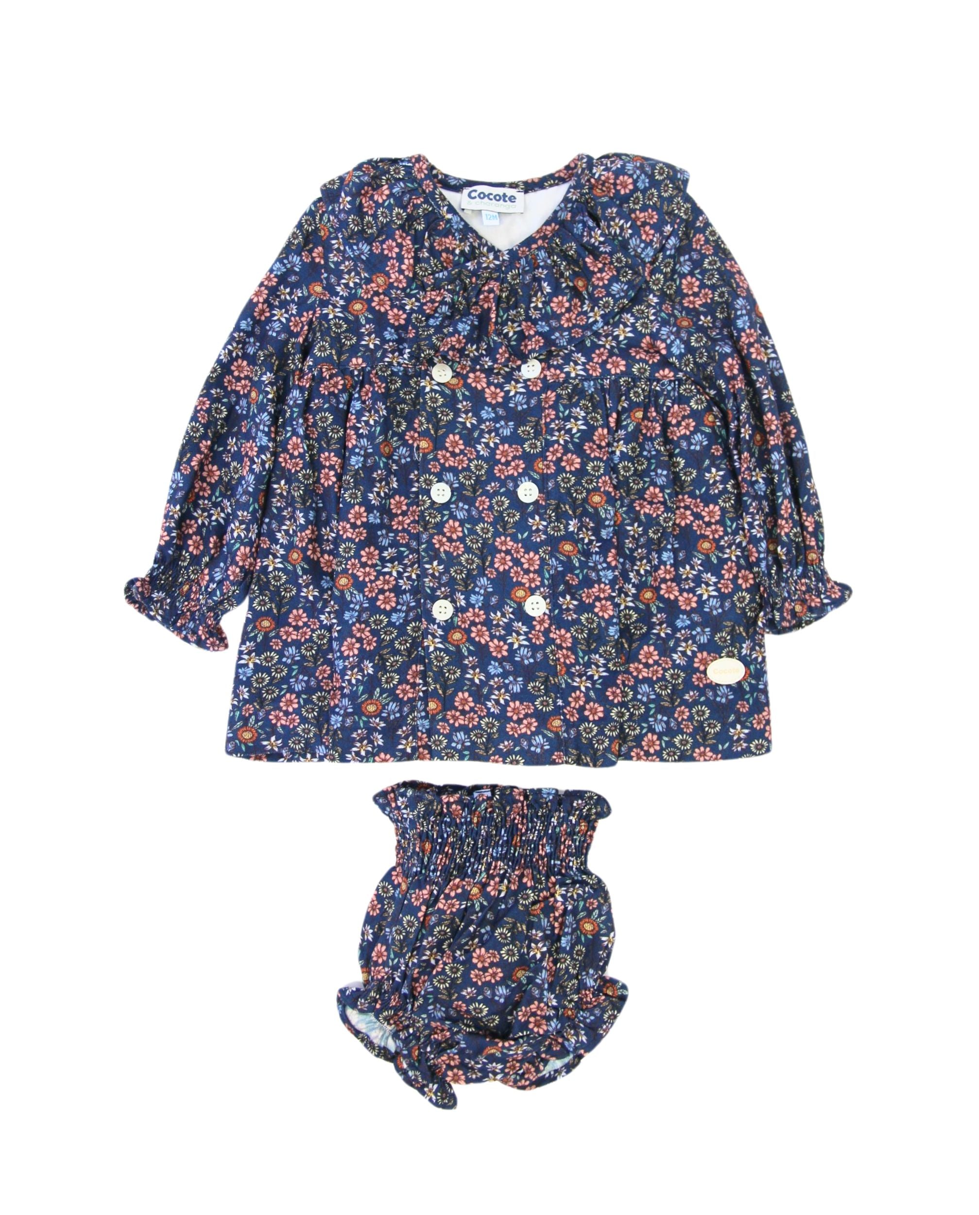 Conjunto vestido y braguita de bebé flores color azul Cocote & Charanga