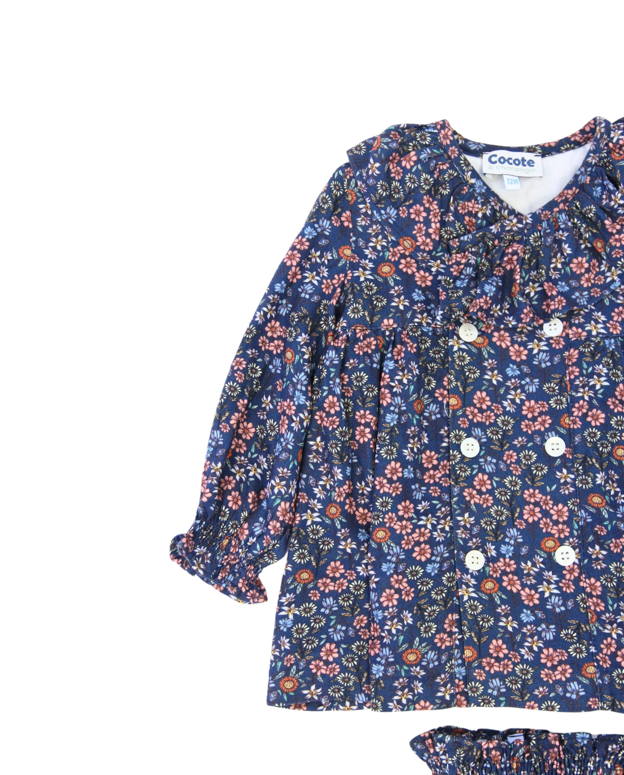 Conjunto vestido y braguita de bebé flores color azul Cocote & Charanga