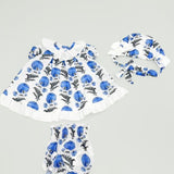 Conjunto vestido braguita y capota de flores azul recién nacido