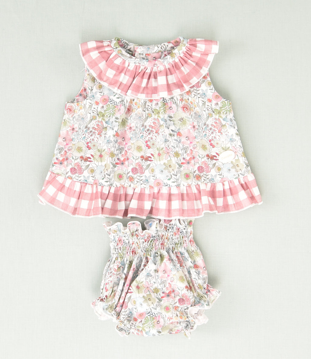 Conjunto vestido y braguita de bebé niña flores y cuadros vichy