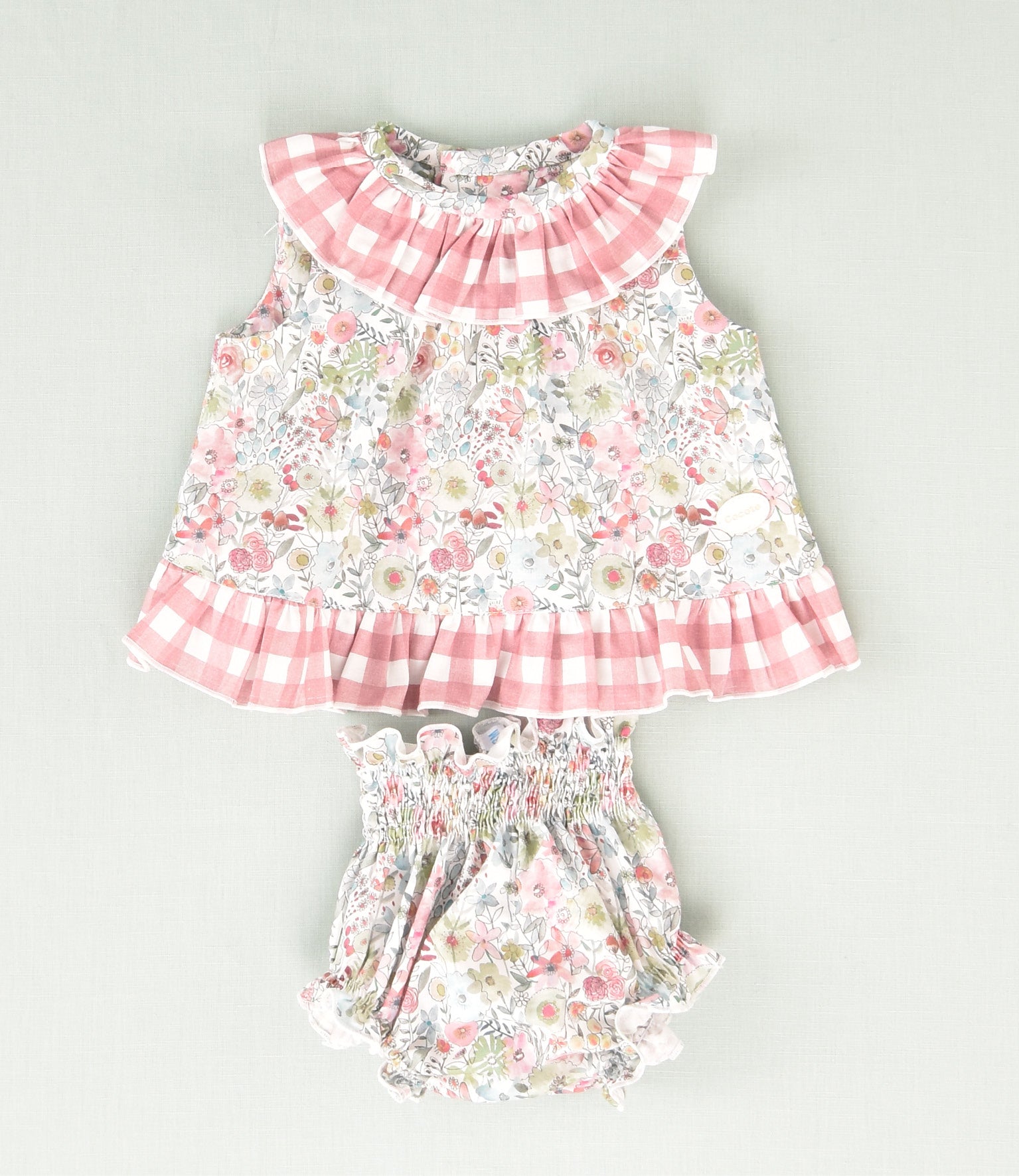 Conjunto vestido y braguita de bebé niña flores y cuadros vichy