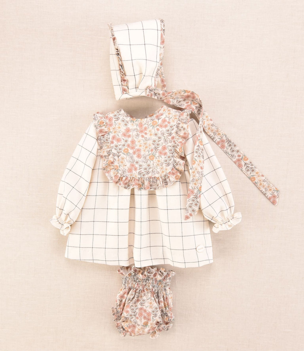 Conjunto bebé niña cuadros y flores con vestido, capota y braguita | Cocote x Charanga