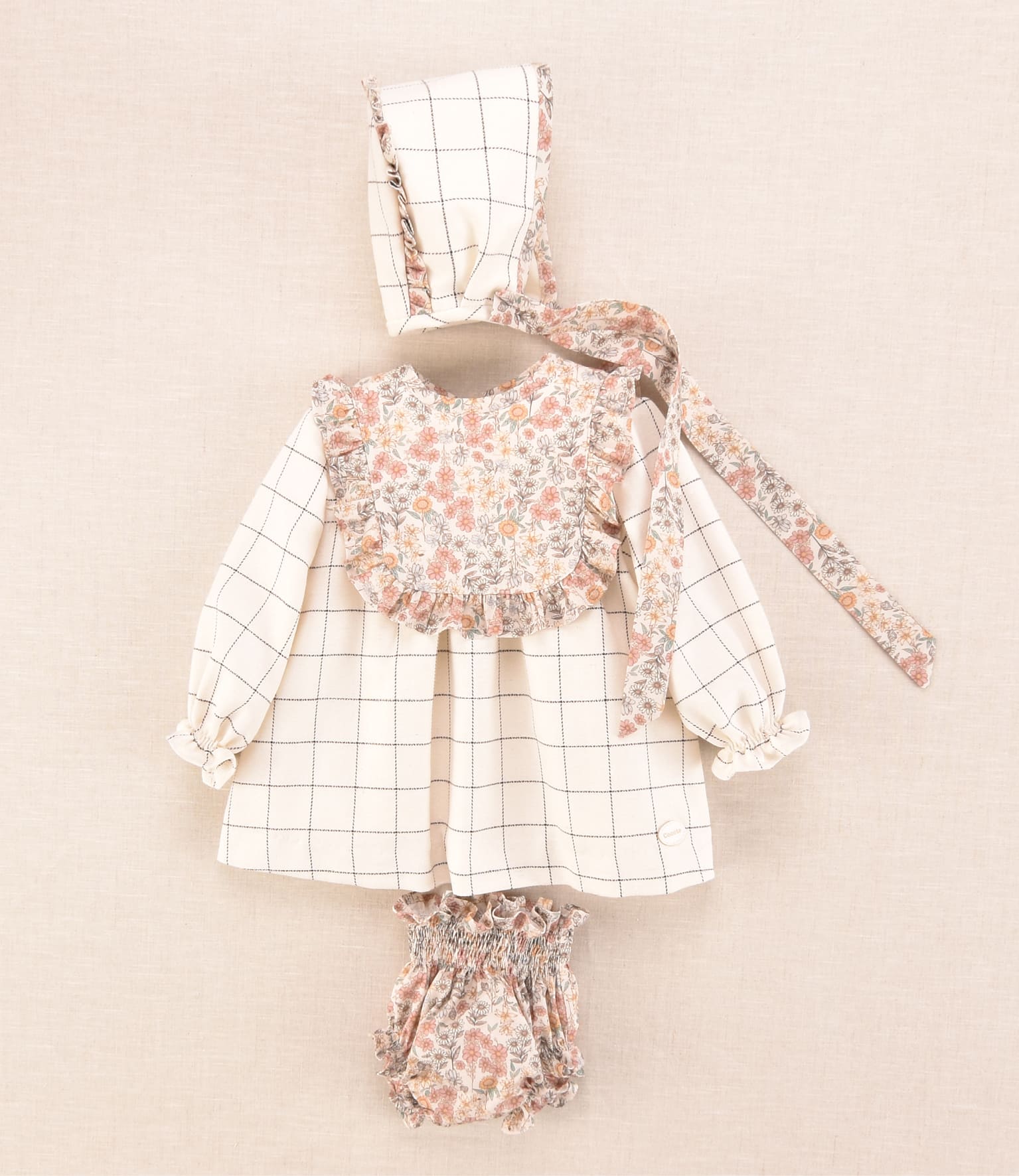 Conjunto bebé niña cuadros y flores con vestido, capota y braguita | Cocote x Charanga