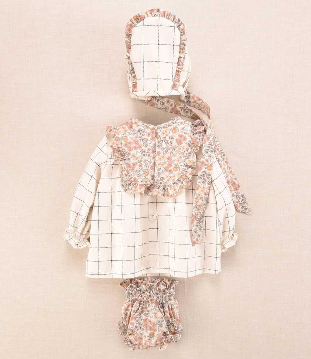 Conjunto bebé niña cuadros y flores con vestido, capota y braguita | Cocote x Charanga