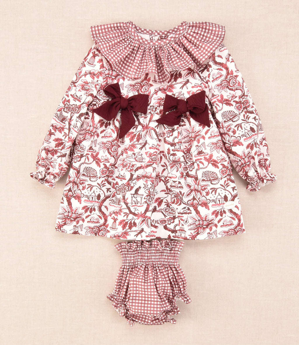 Conjunto de bebé vestido estampado floral y braguita cuadros burdeos Cocote x Charanga