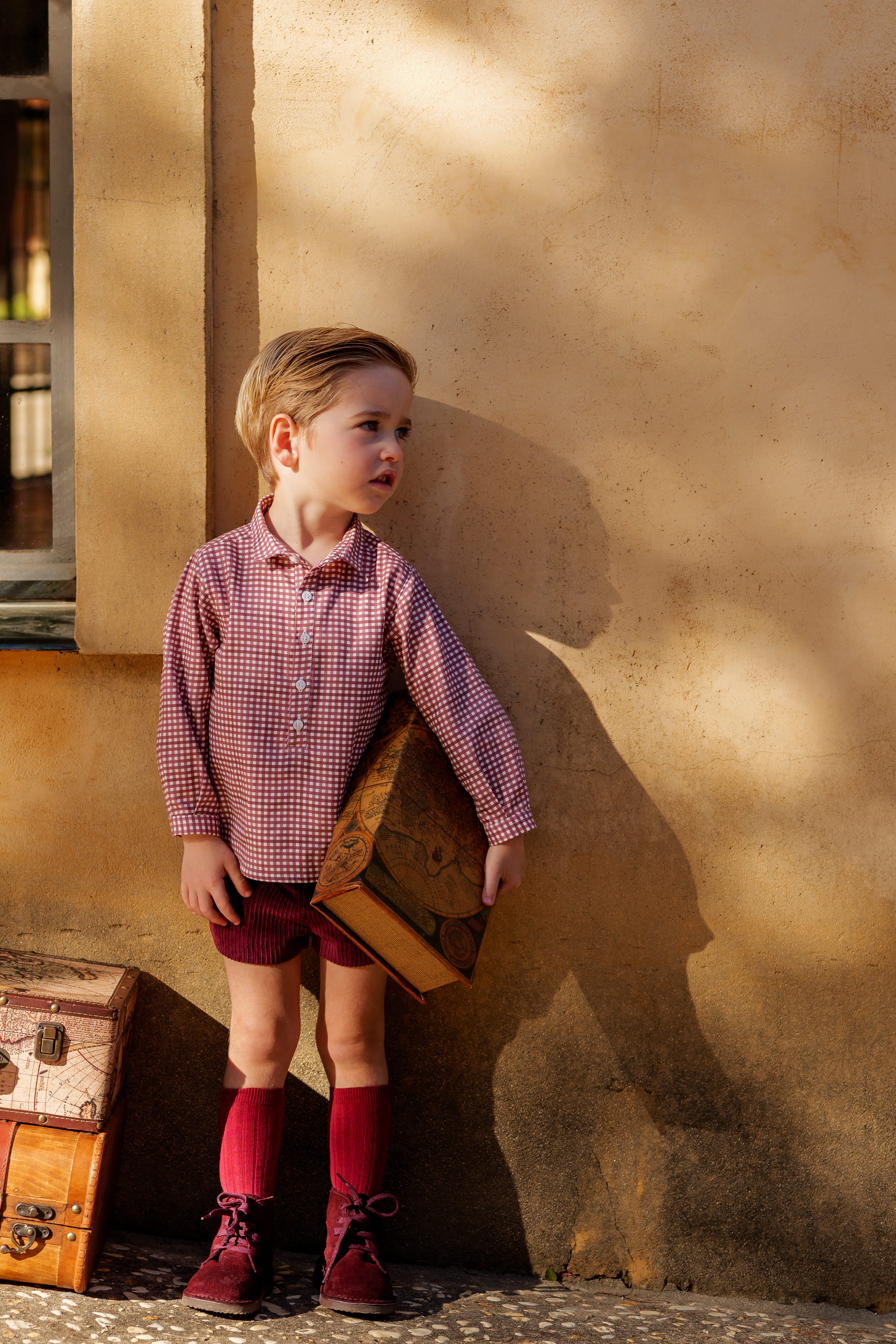 Conjunto niño camisa de cuadros y pantalón de pana burdeo | Cocote x Charanga
