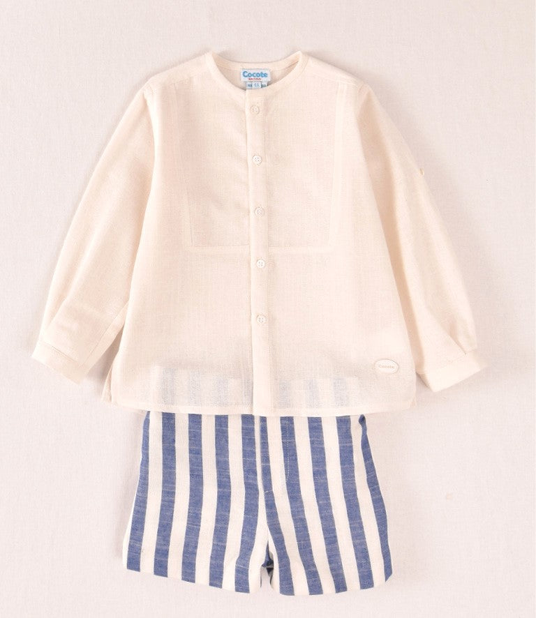 Conjunto niño camisa cruda y short rayas azul | Cocote by Charanga