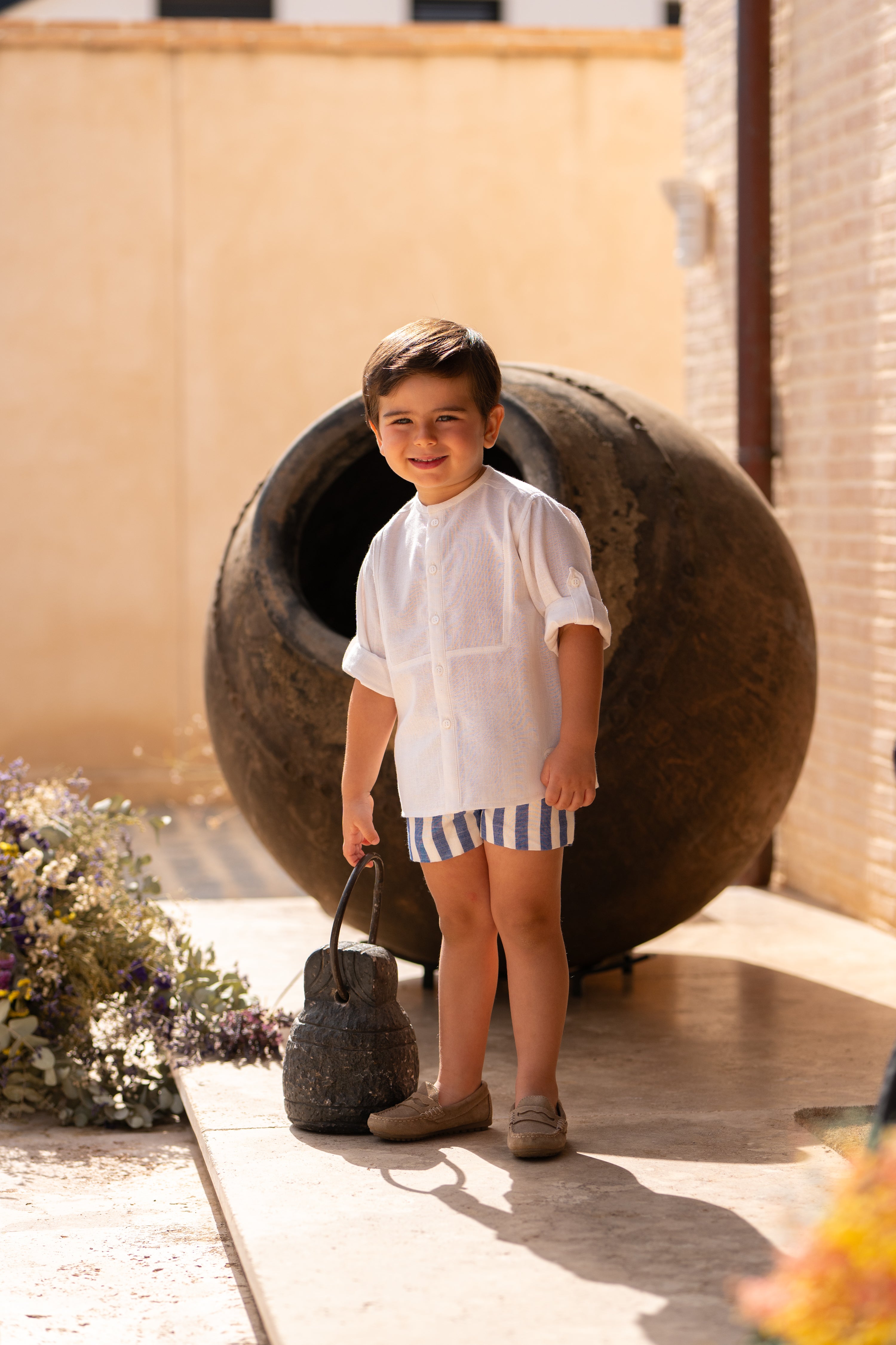 Conjunto niño camisa cruda y short rayas azul | Cocote by Charanga