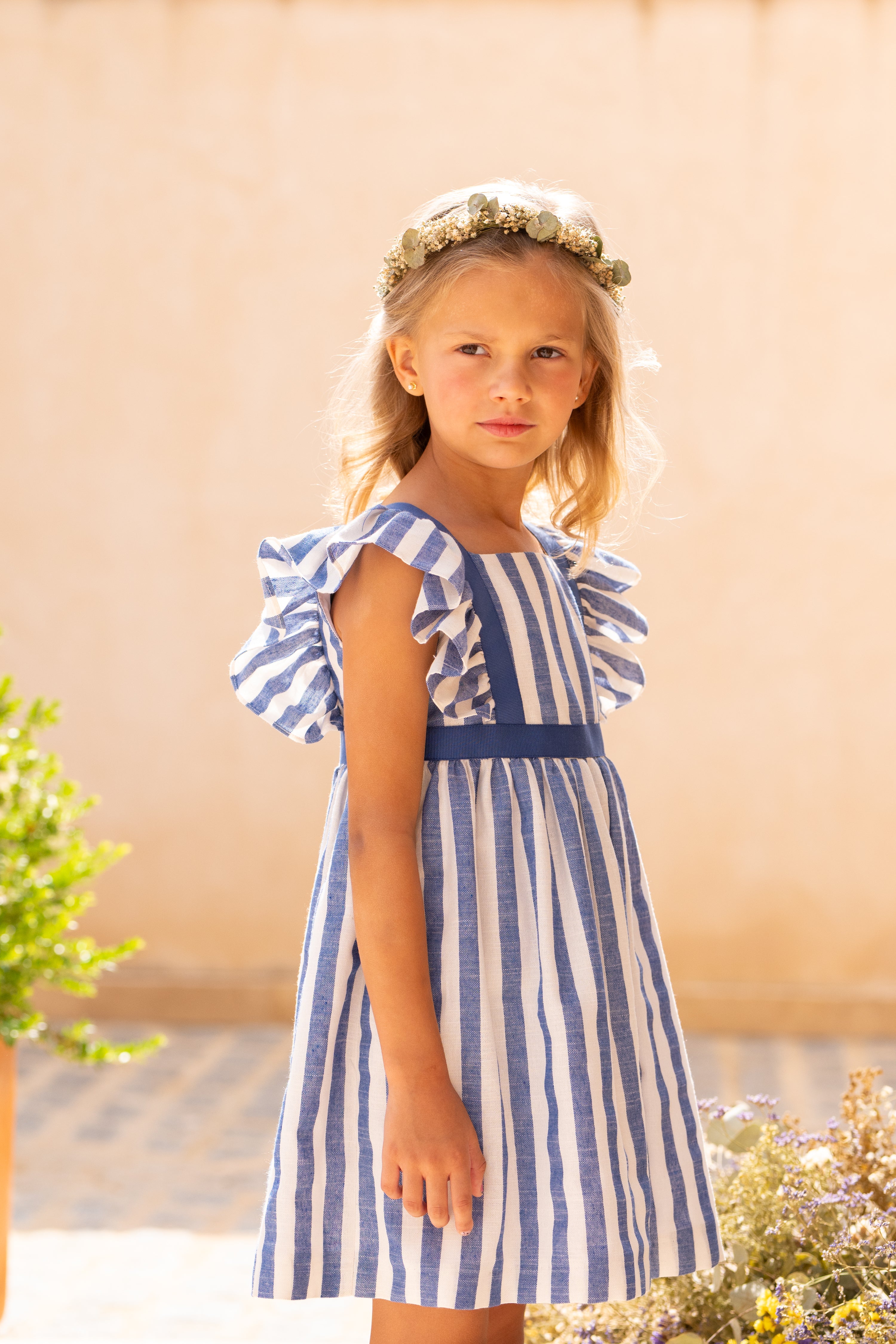 Vestido niña rayas azul con volantes | Cocote by Charanga