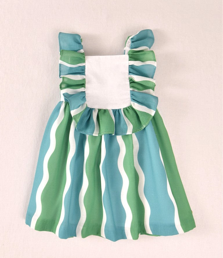 Vestido niña ondas verde y azul con volantes | Cocote by Charanga
