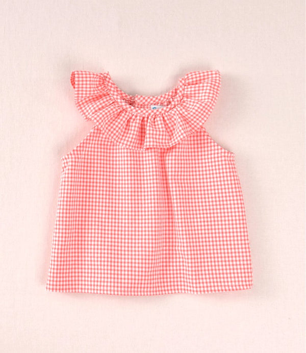 Blusa bebé vichy coral con volante | Cocote by Charanga