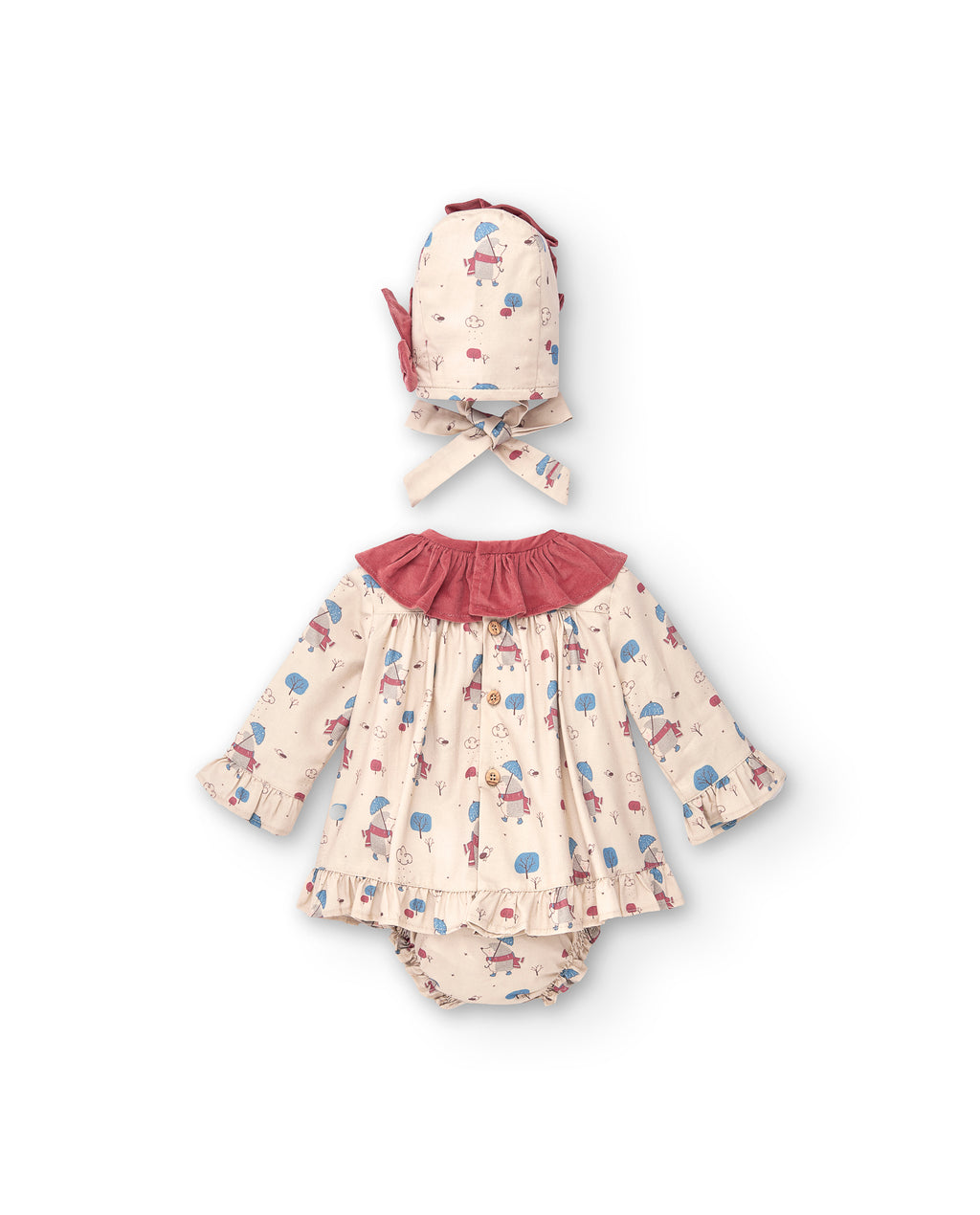 Conjunto vestido, braguita y capota de bebé naranja rojizo Cocote & Charanga