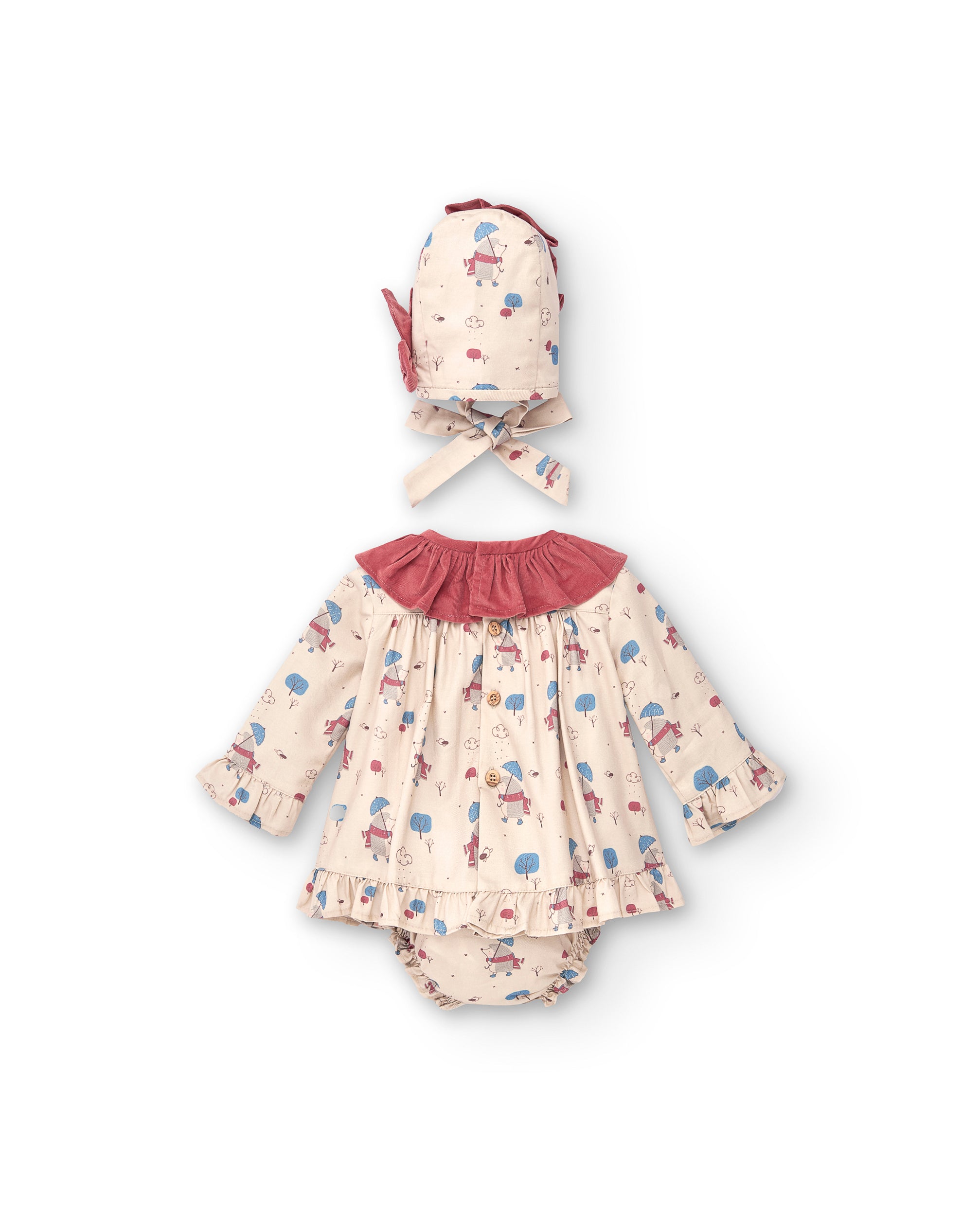 Conjunto vestido, braguita y capota de bebé naranja rojizo Cocote & Charanga