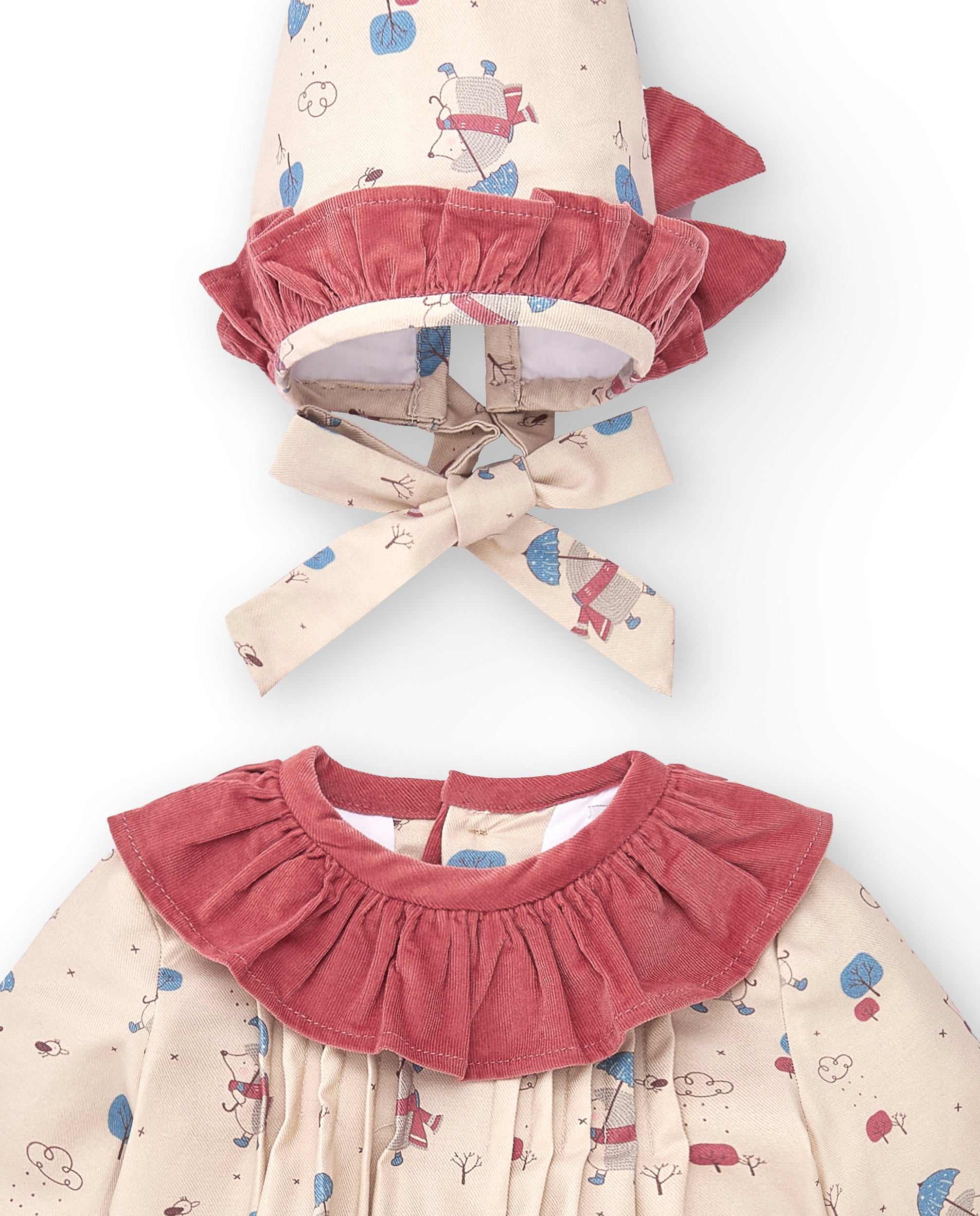 Conjunto vestido, braguita y capota de bebé naranja rojizo Cocote & Charanga