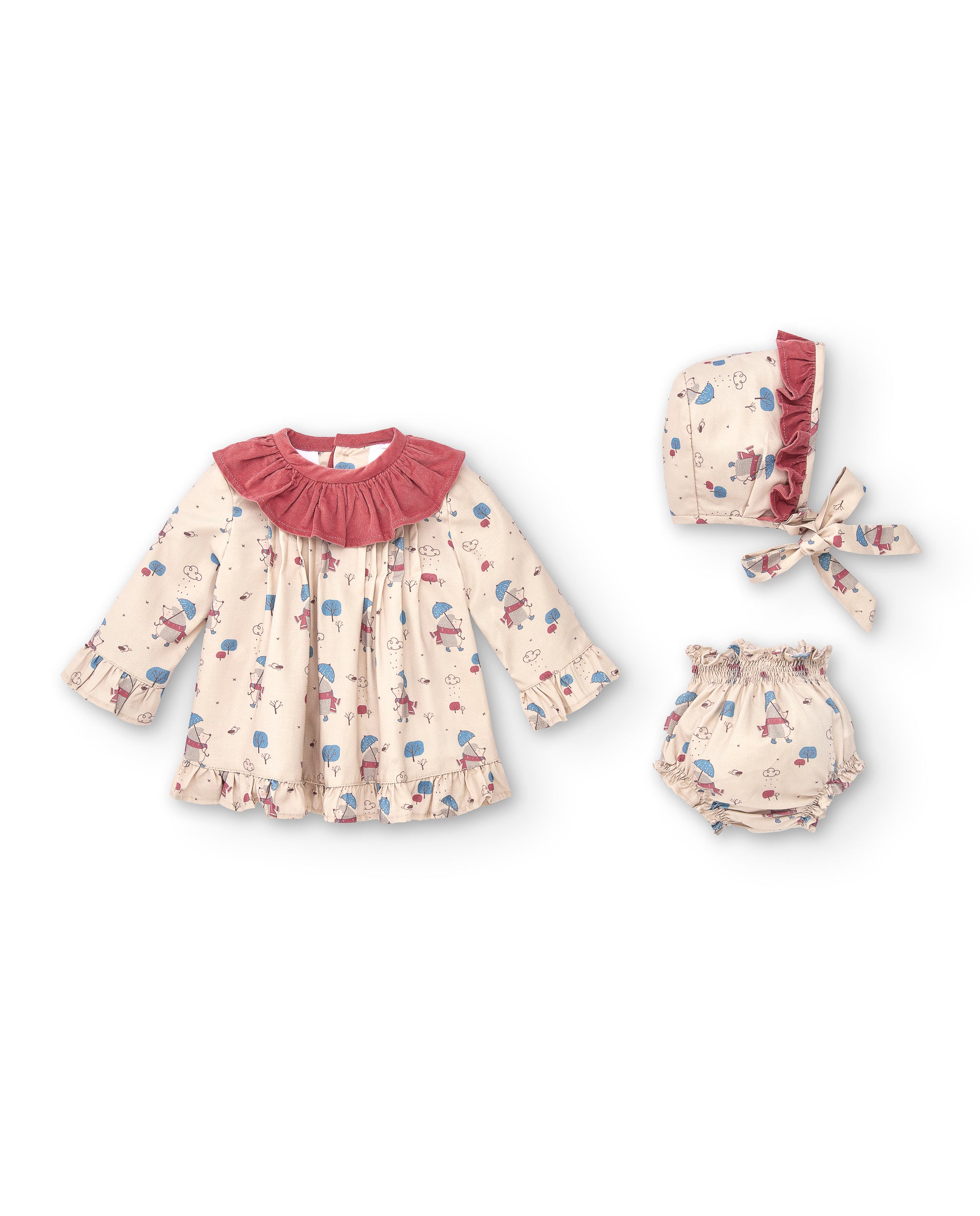 Conjunto vestido, braguita y capota de bebé naranja rojizo Cocote & Charanga