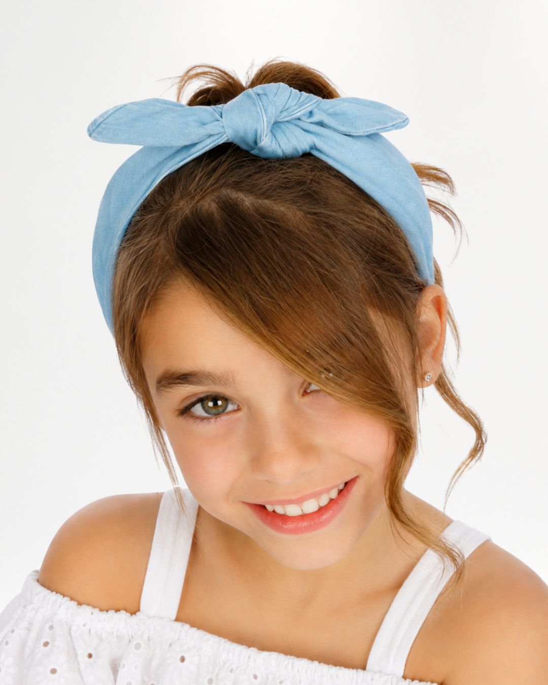 Diadema de niña con nudo azul denim
