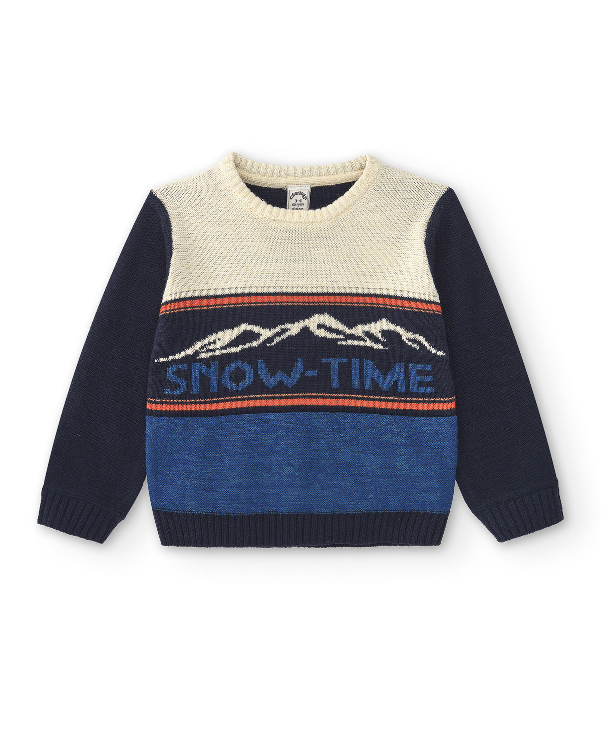 Jersey azul SNOW-TIME para niño con estampado montañas vista frontal fondo blanco Charanga