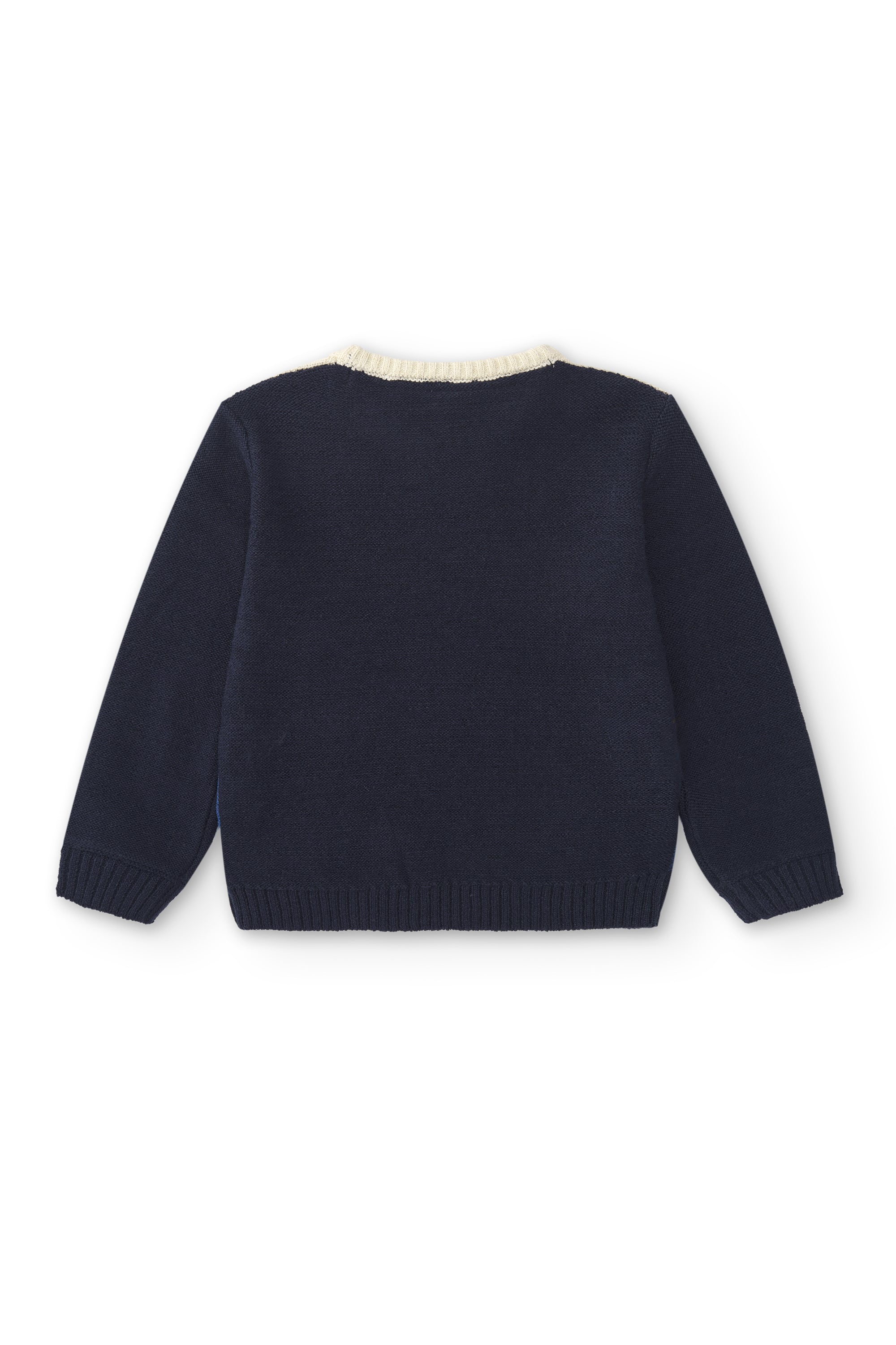 Jersey azul para niño manga larga vista trasera sobre fondo blanco Charanga