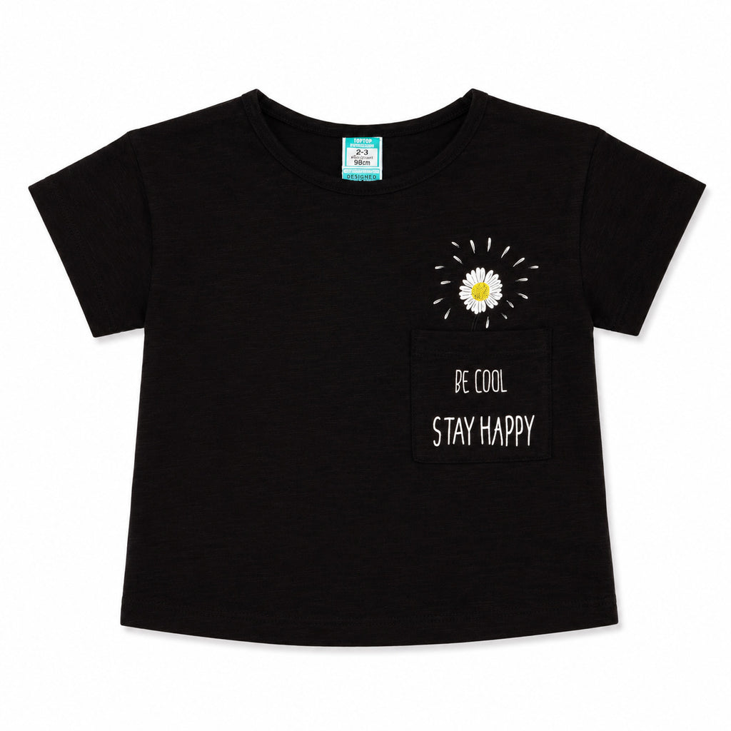 Camiseta niña negra con bolsillo margarita