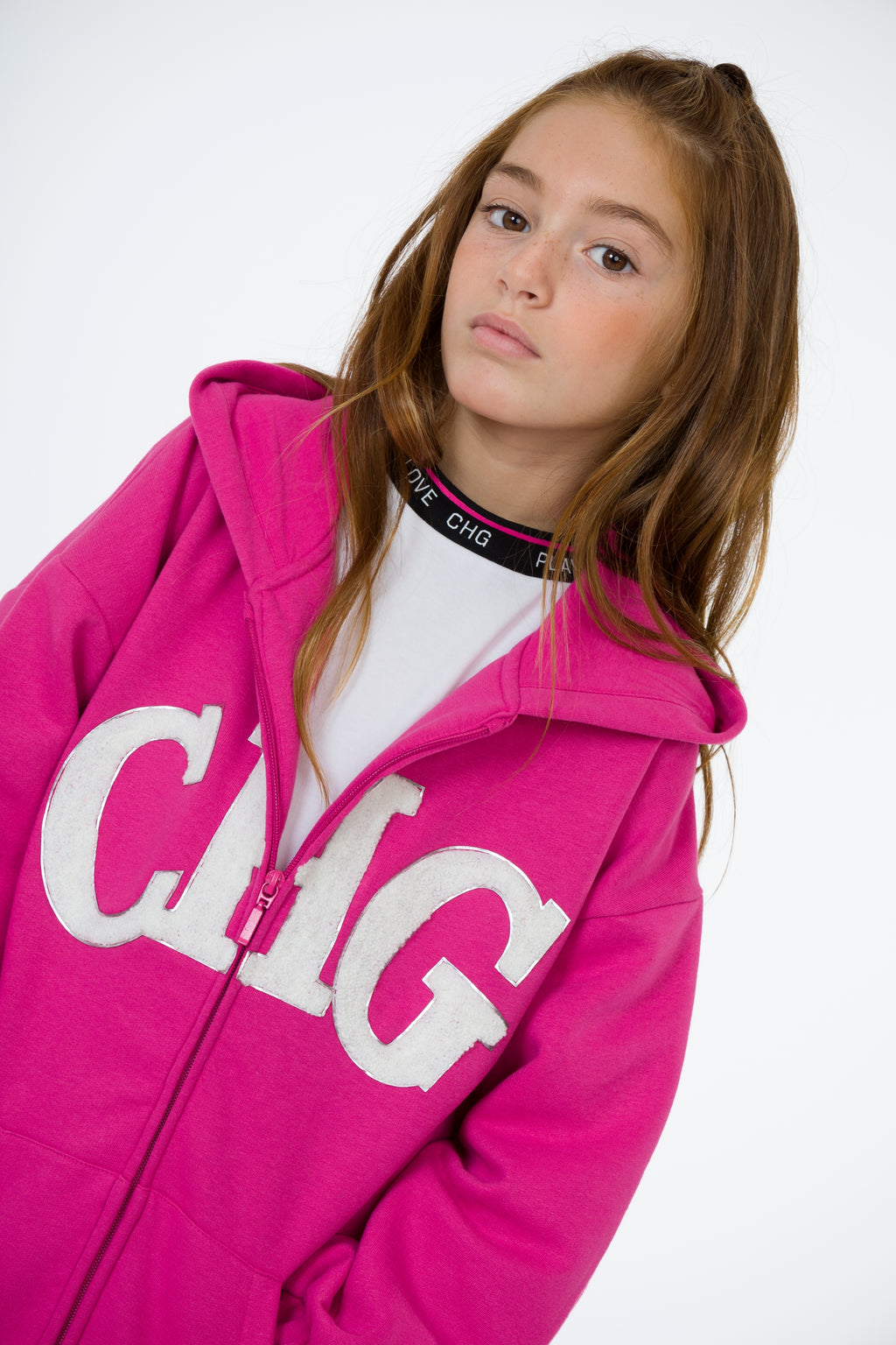 Sudadera abierta niña fucsia CHG | Con capucha
