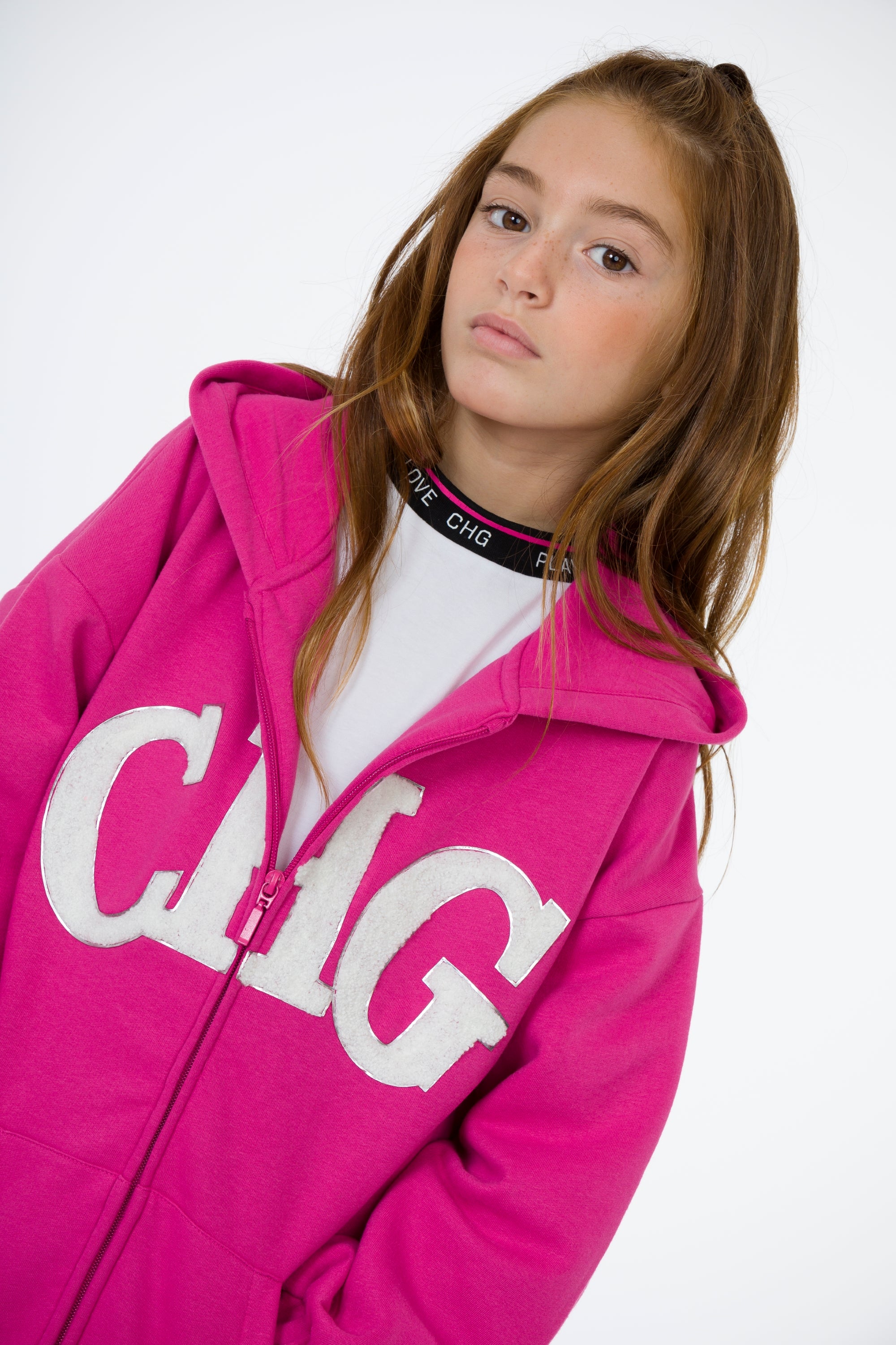 Sudadera abierta niña fucsia CHG | Con capucha