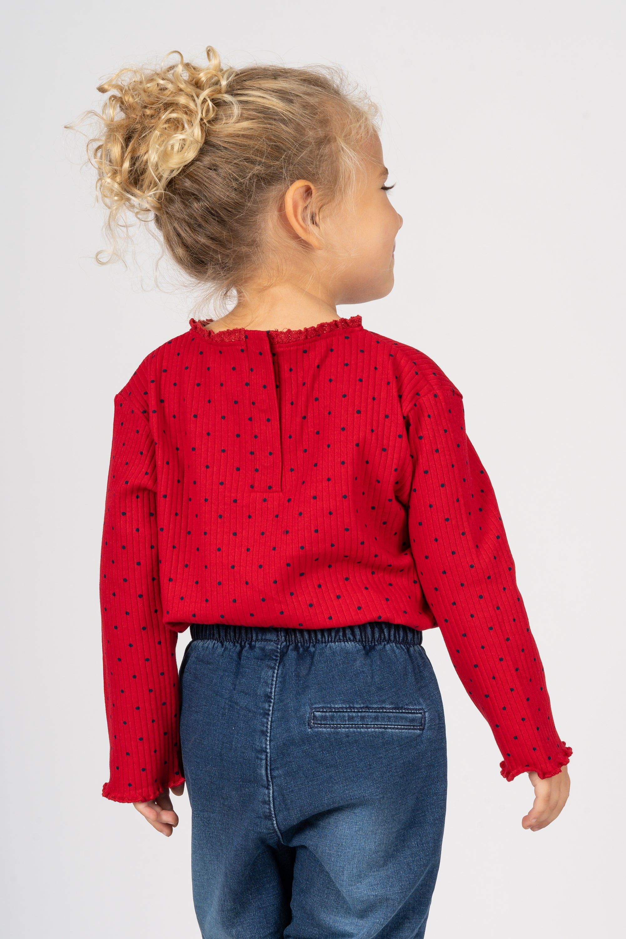 Camiseta bebé niña roja de canalé con lunares