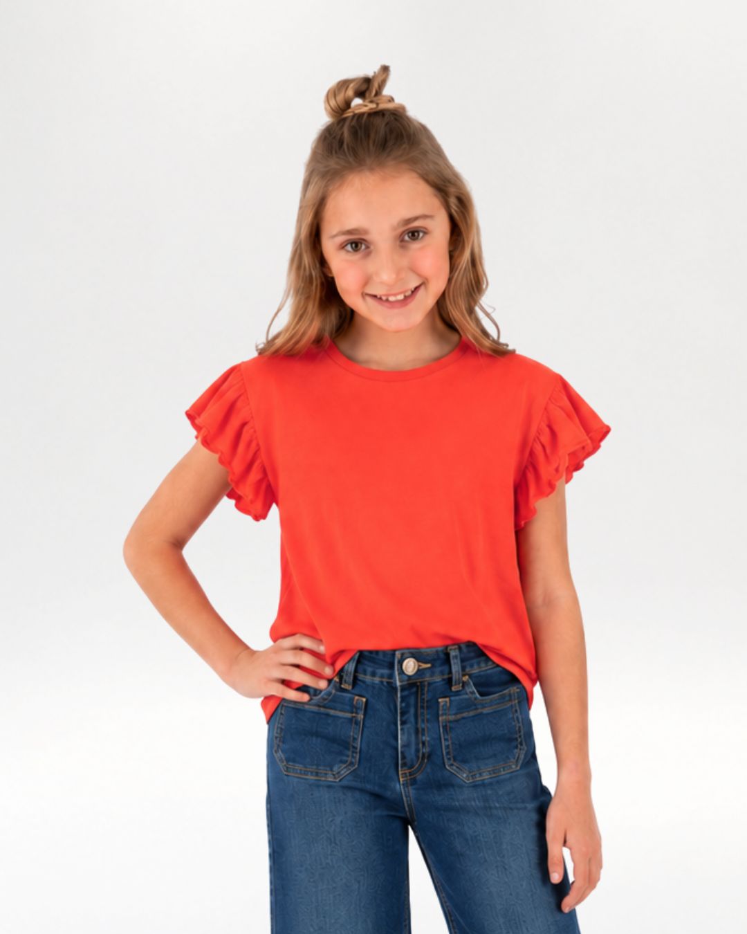 Camiseta niña roja manga corta con volantes
