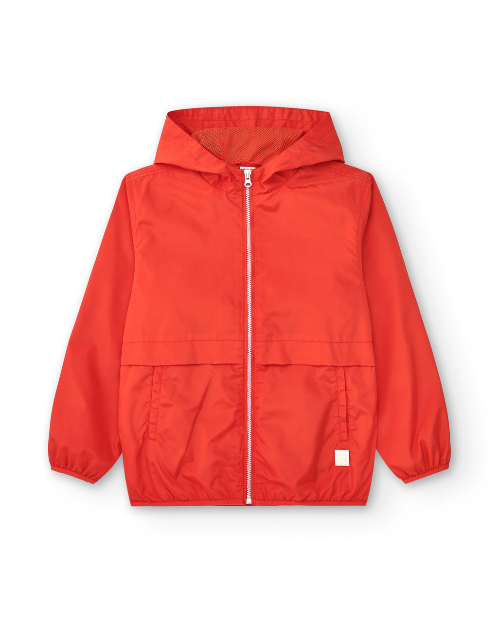 parka infantil roja con capucha y cremallera