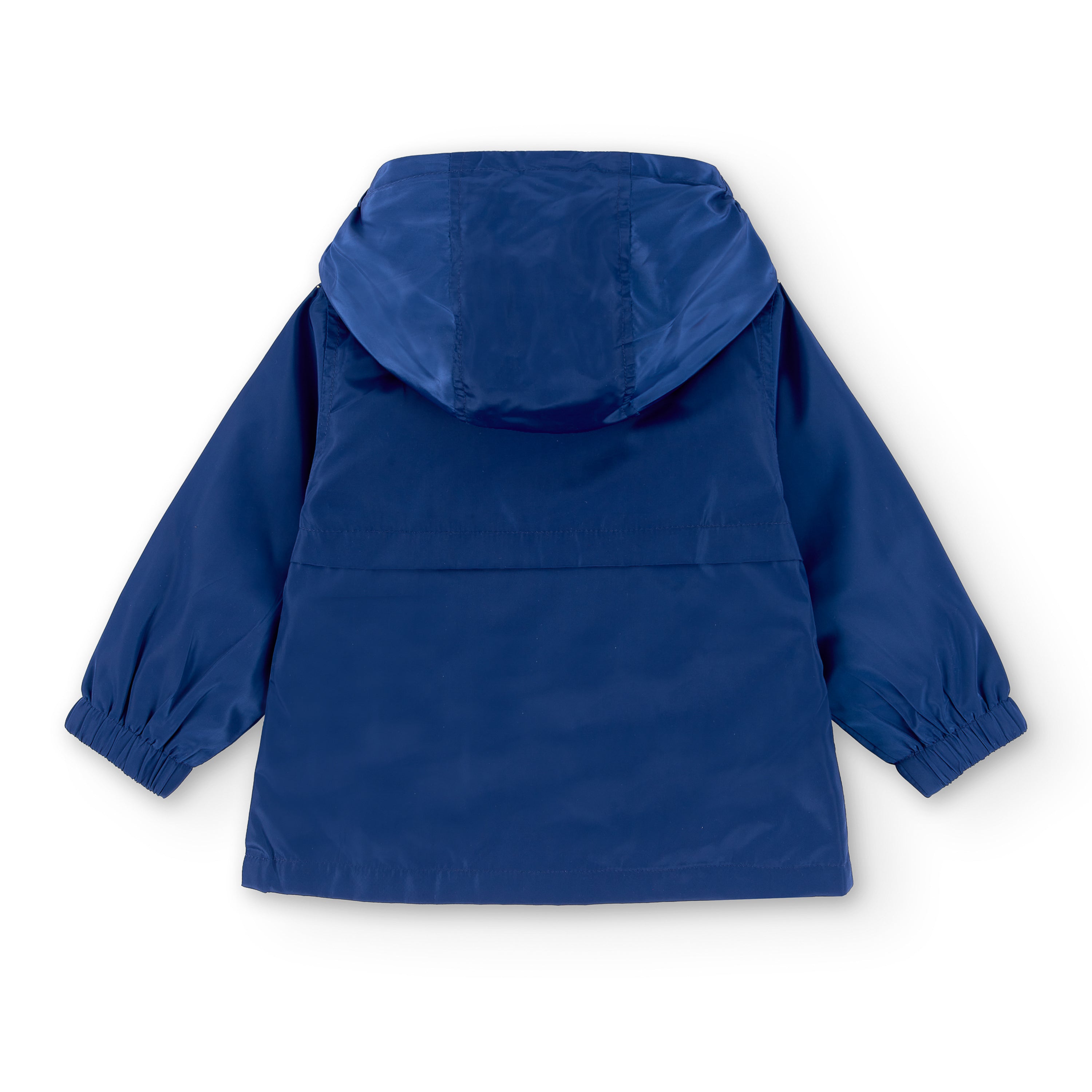 vista trasera parka bebé azul marino con capucha