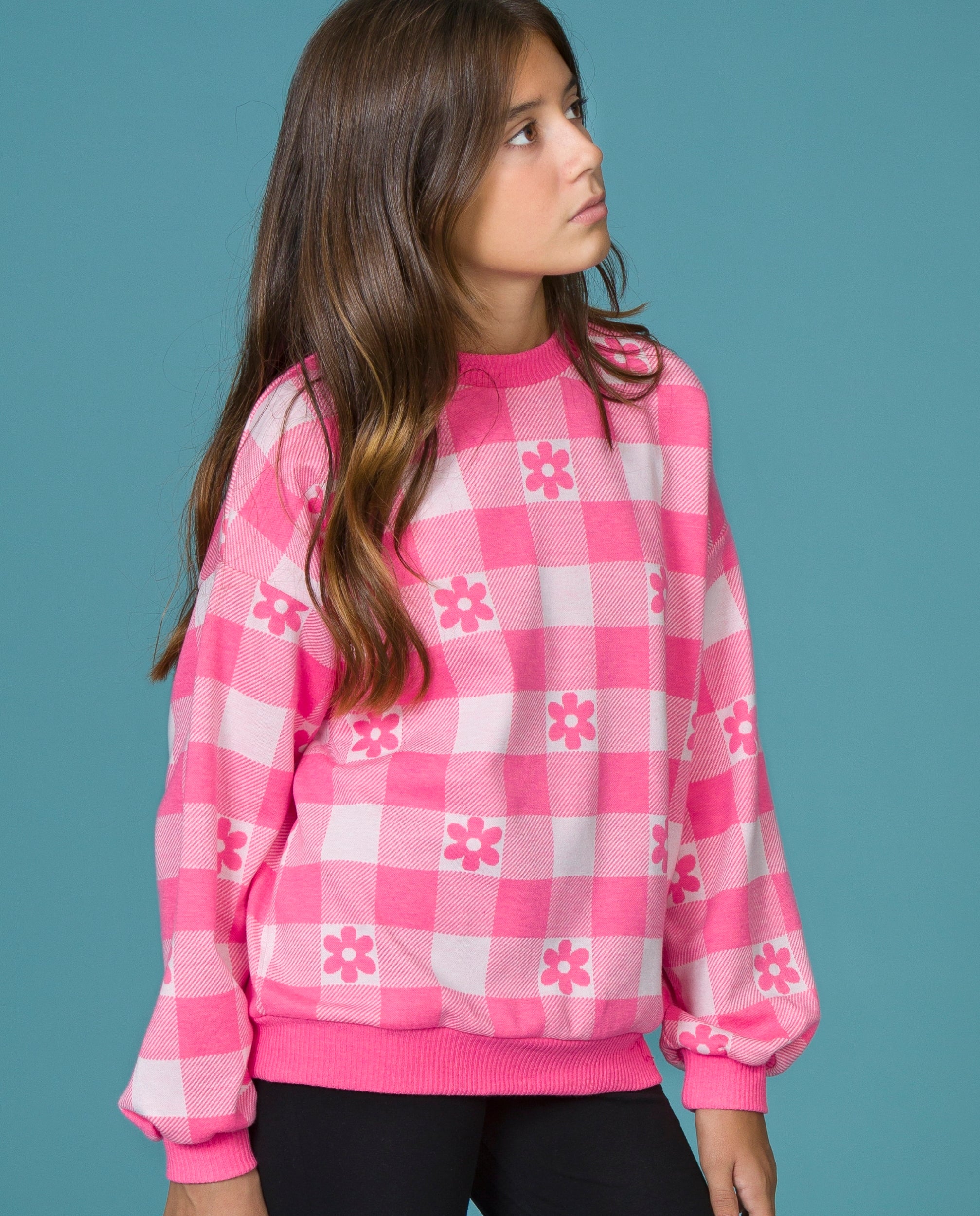 Jersey niña vichy rosa con flores jacquard