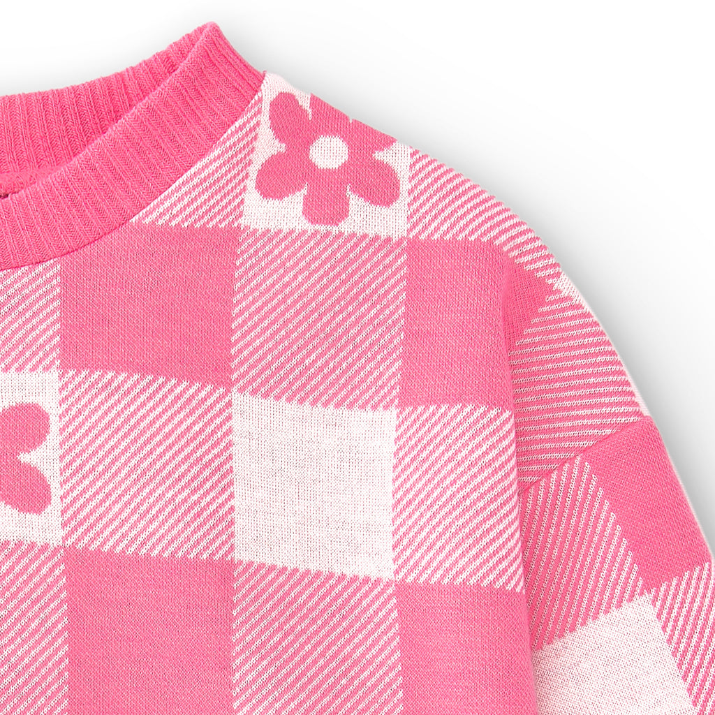 Jersey niña vichy rosa con flores jacquard