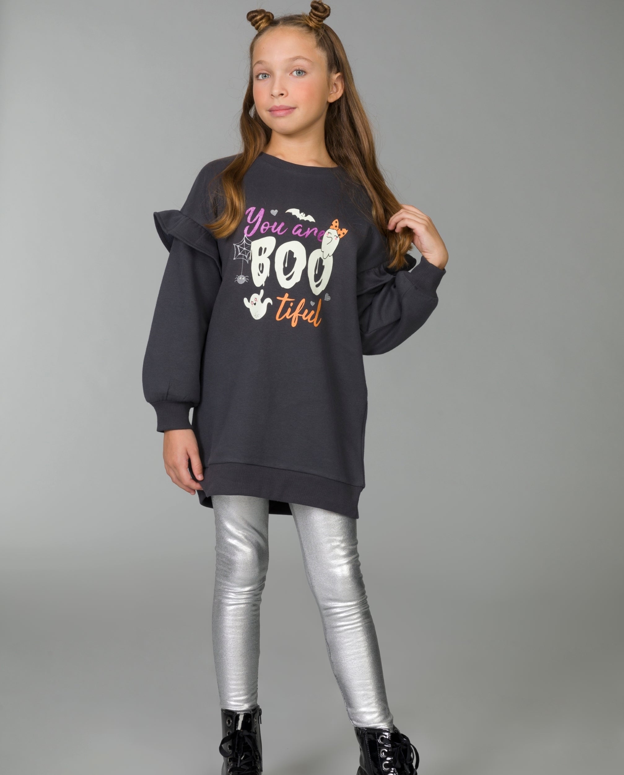 legging plateado de niña con efecto metalizado y cintura elástica