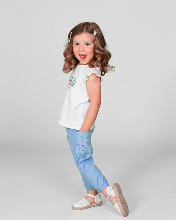 Pantalón bebé niña azul con detalle bordado