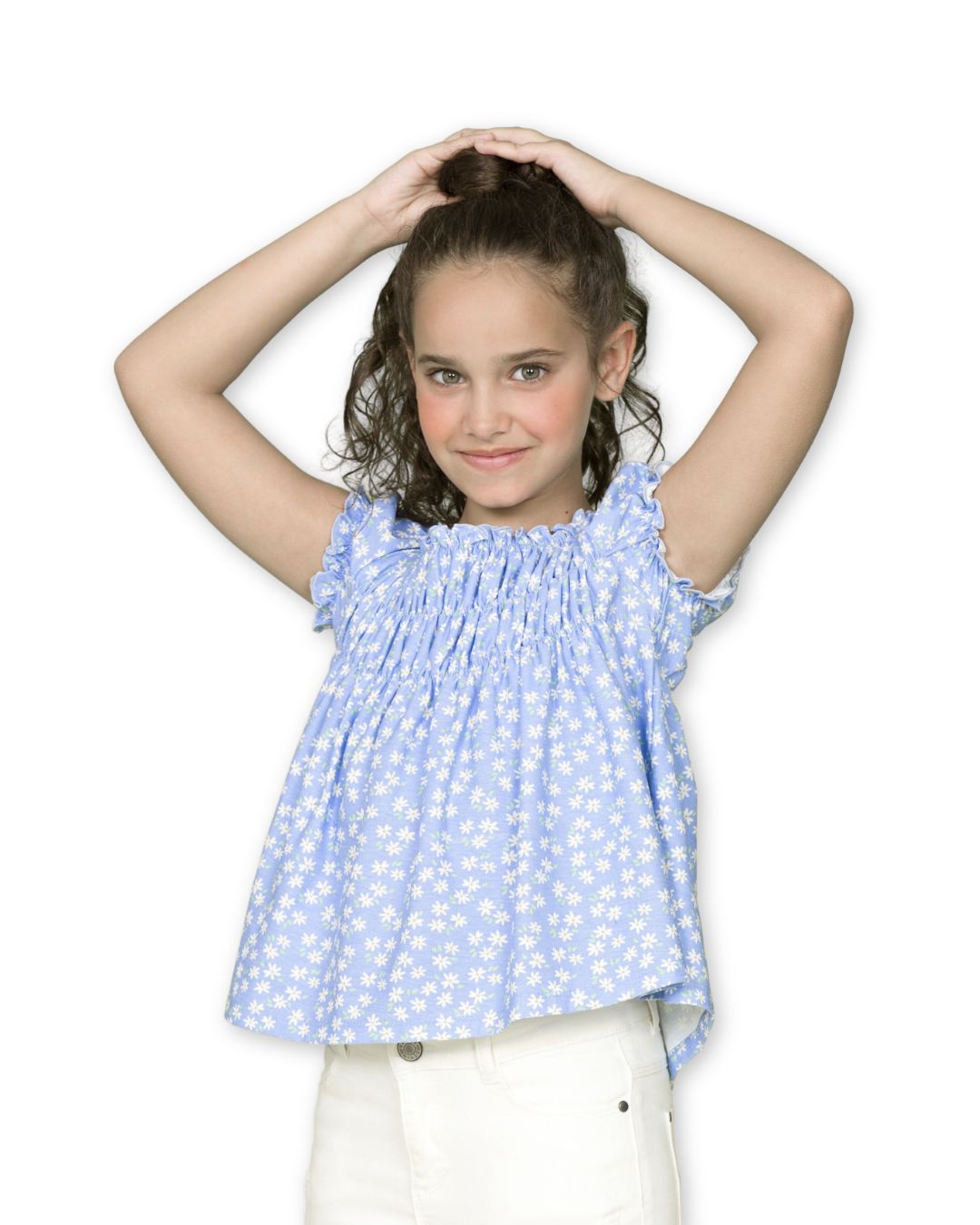Blusa de niña azul estampado margaritas
