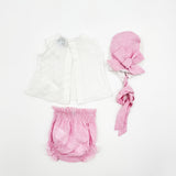 Conjunto vestido, braguita y capota bordado rosa recién nacida