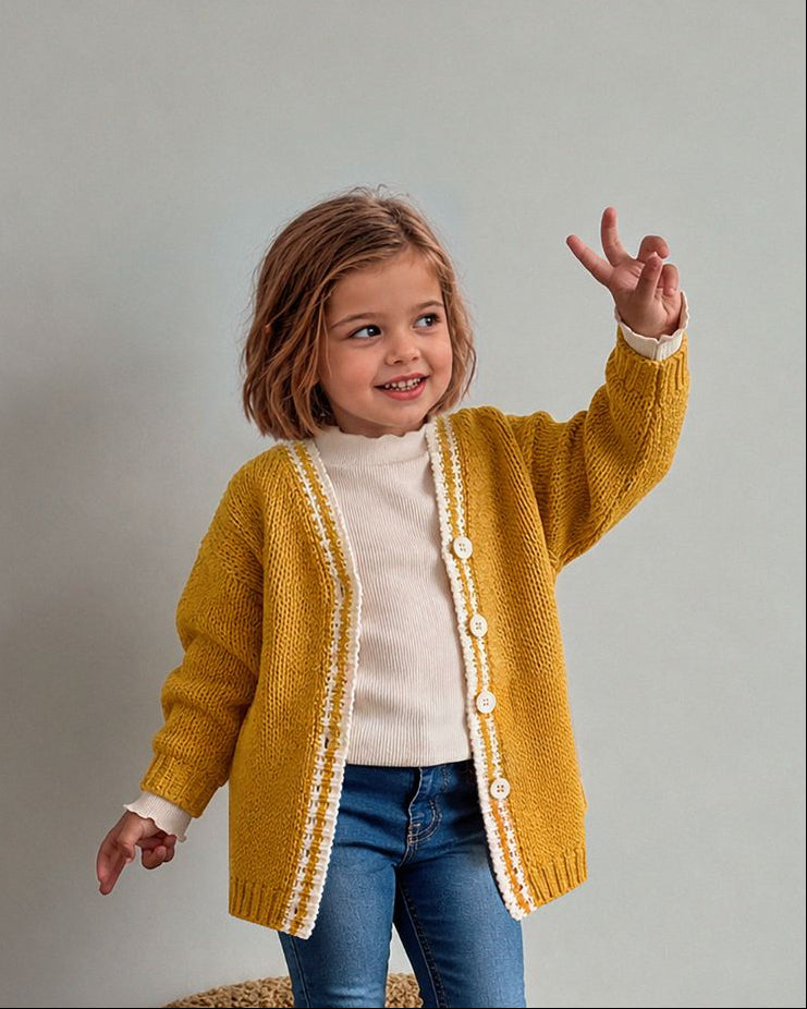 Cárdigan niña mostaza punto con detalle en contraste