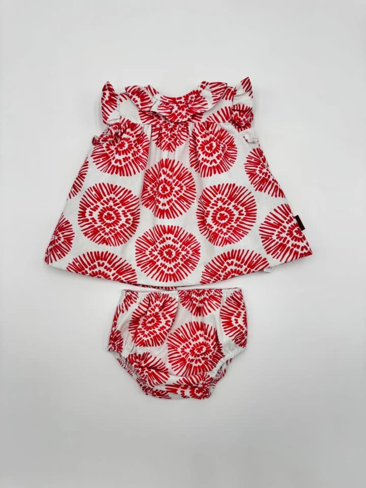 Conjunto vestido y braguita boho fresa bebé niña