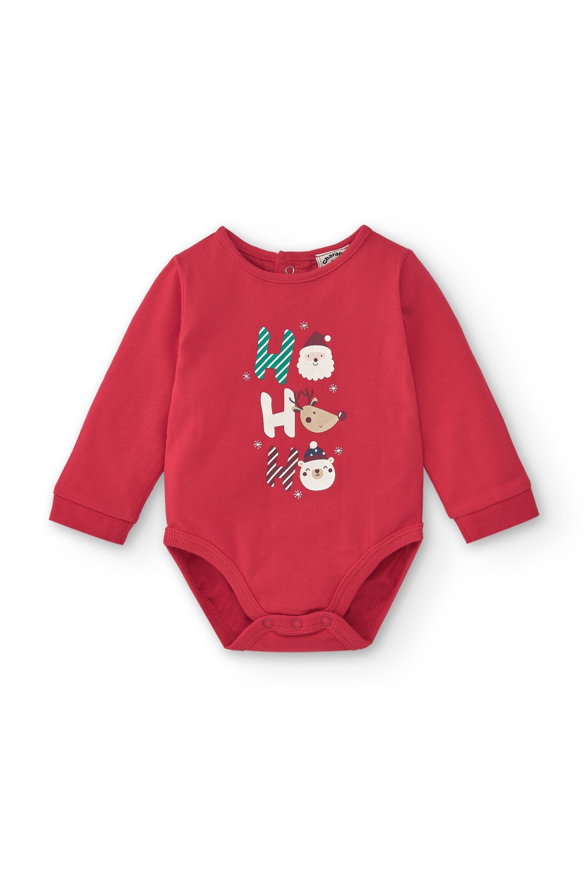 Body navideño rojo para bebé recién nacido manga larga Ho Ho Ho vista frontal fondo blanco Charanga