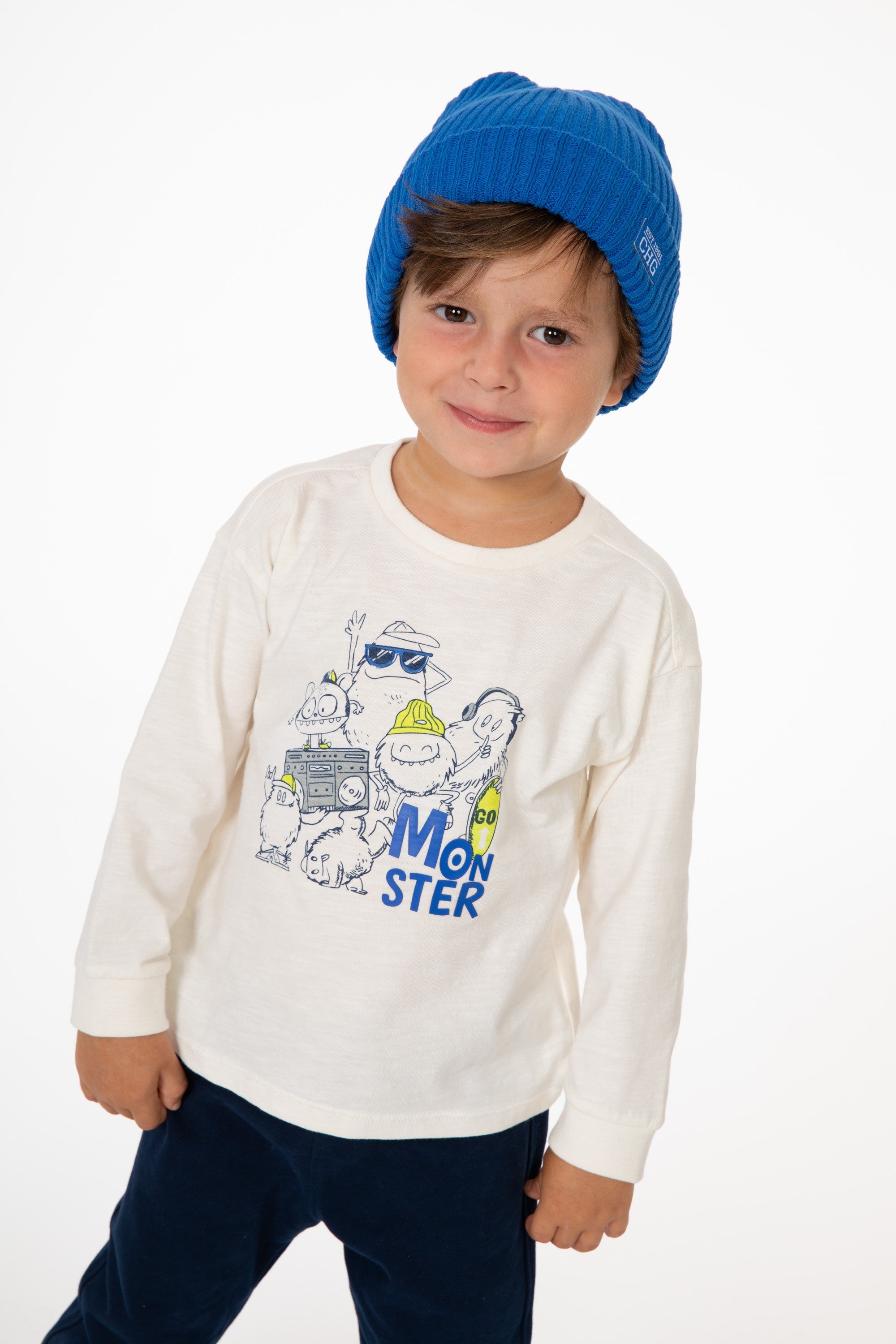 Camiseta de bebé de manga larga color crudo con dibujo monstruo Outlet